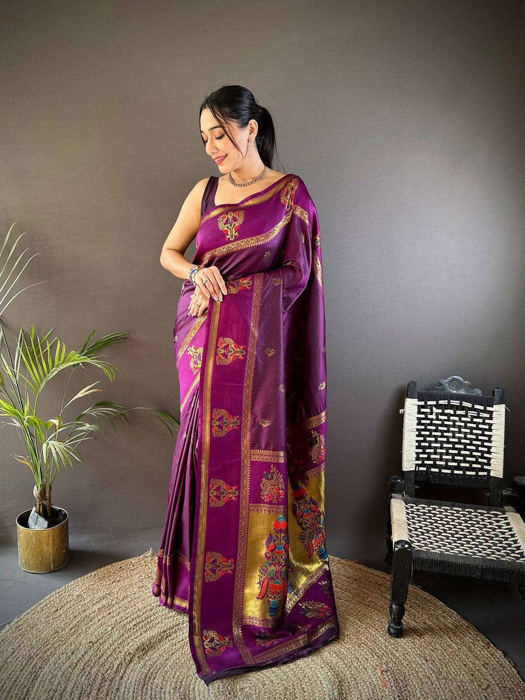 Elora Wine Soft Silk Meenakari Zari Weaving With Peacock Border Paithani Saree | Grocsy