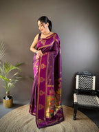 Elora Wine Soft Silk Meenakari Zari Weaving With Peacock Border Paithani Saree | Grocsy