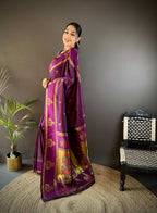 Elora Wine Soft Silk Meenakari Zari Weaving With Peacock Border Paithani Saree | Grocsy