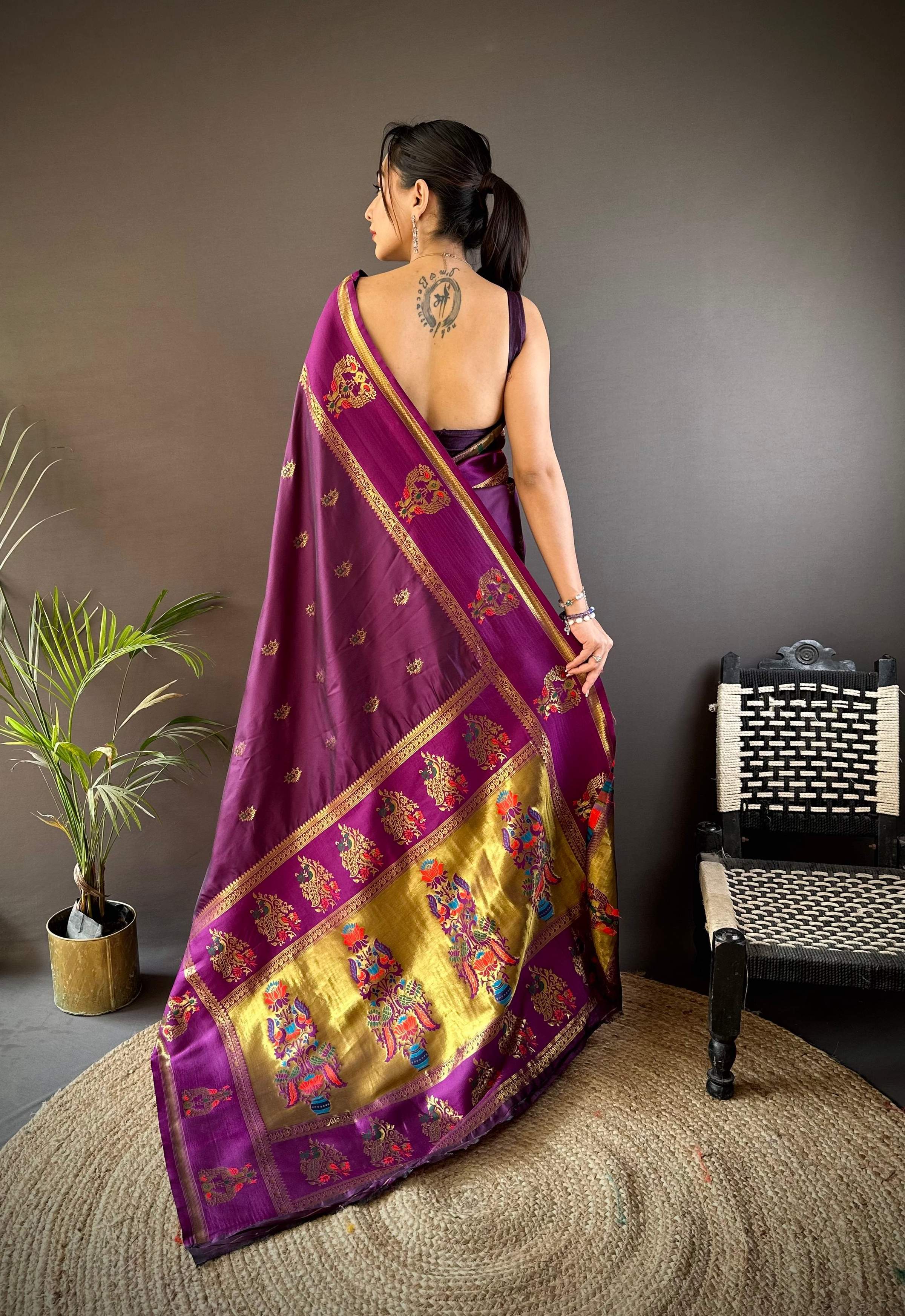 Elora Wine Soft Silk Meenakari Zari Weaving With Peacock Border Paithani Saree | Grocsy