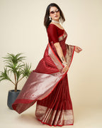 Elora Blood Red Soft Silk Small Butti Zari Weaving Border Banarasi Saree | Grocsy