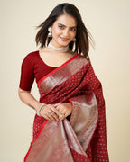 Elora Blood Red Soft Silk Small Butti Zari Weaving Border Banarasi Saree | Grocsy