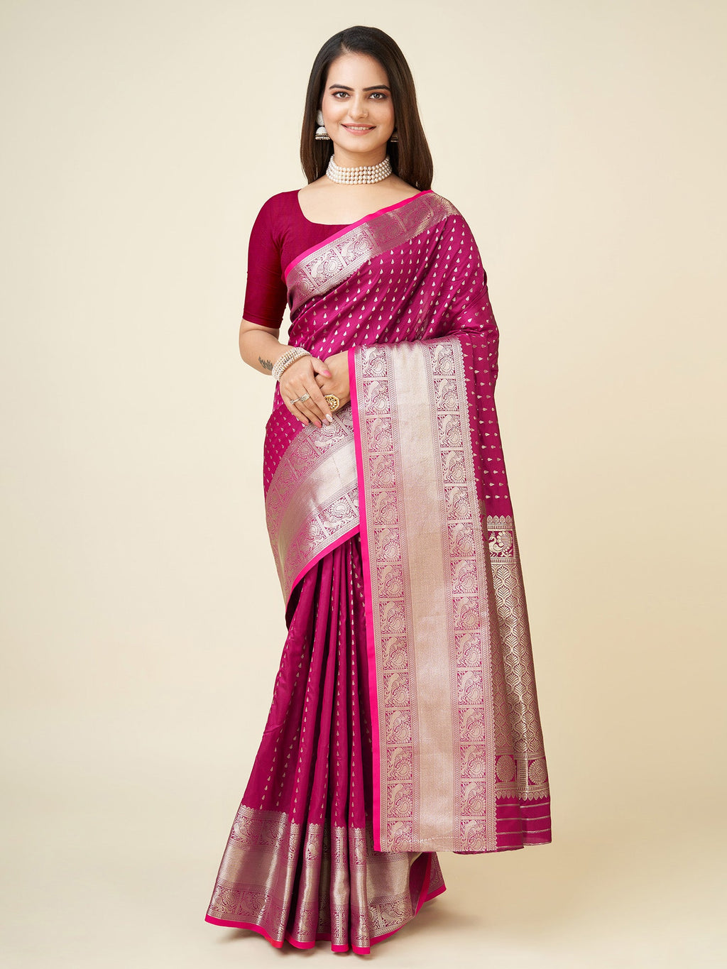 Elora Rani Pink Soft Silk Small Butti Zari Weaving Border Banarasi Saree | Grocsy