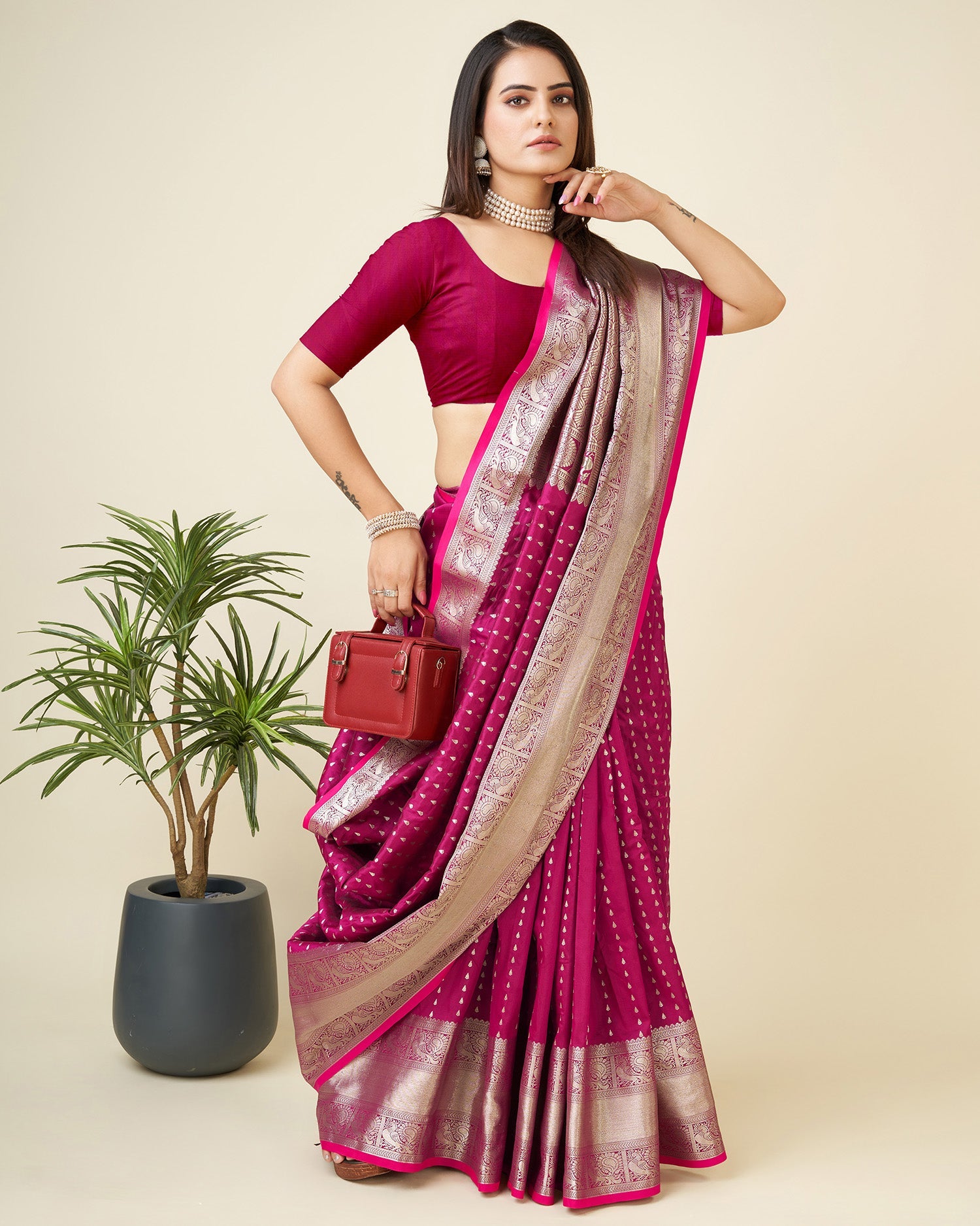 Elora Rani Pink Soft Silk Small Butti Zari Weaving Border Banarasi Saree | Grocsy