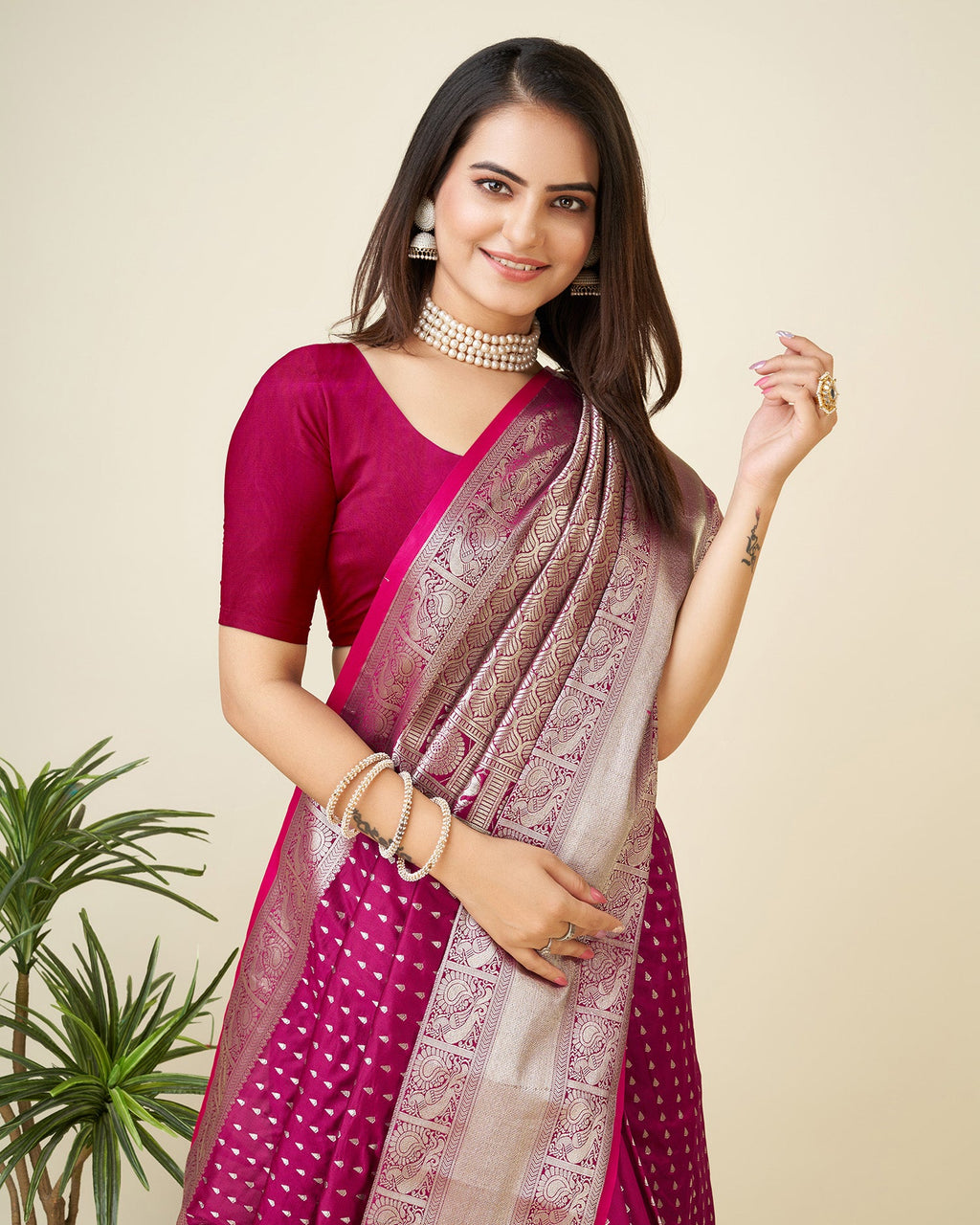 Elora Rani Pink Soft Silk Small Butti Zari Weaving Border Banarasi Saree | Grocsy