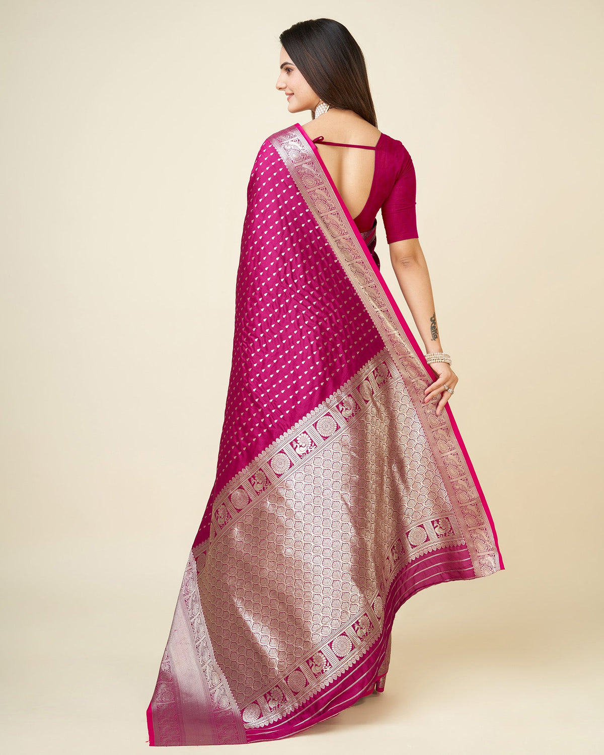 Elora Rani Pink Soft Silk Small Butti Zari Weaving Border Banarasi Saree | Grocsy