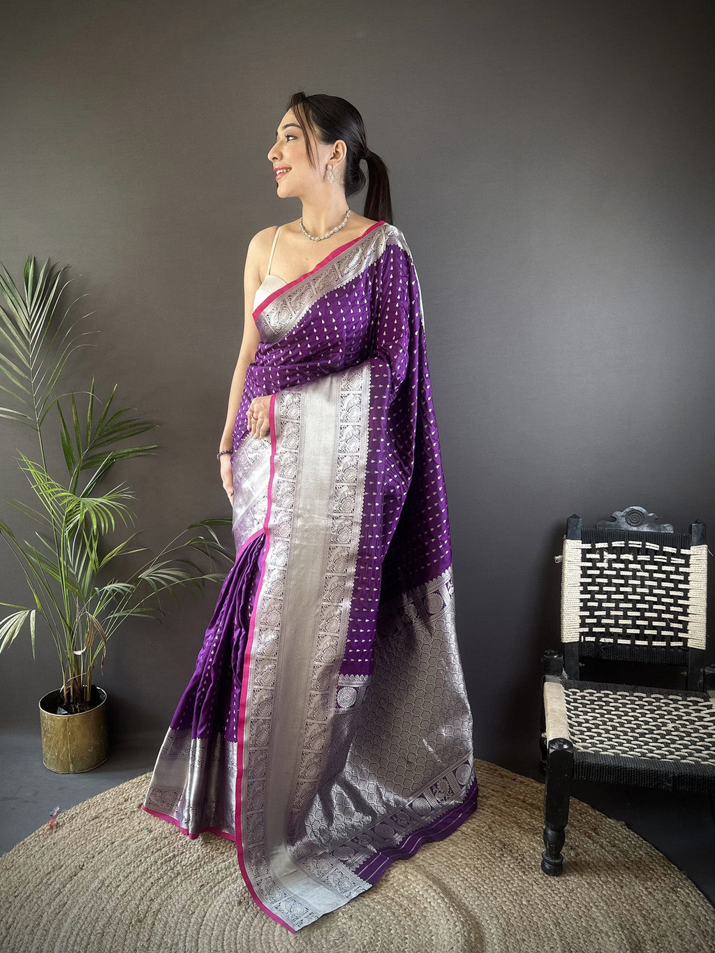 Elora Purple Soft Silk Small Butti Zari Weaving Border Banarasi Saree | Grocsy