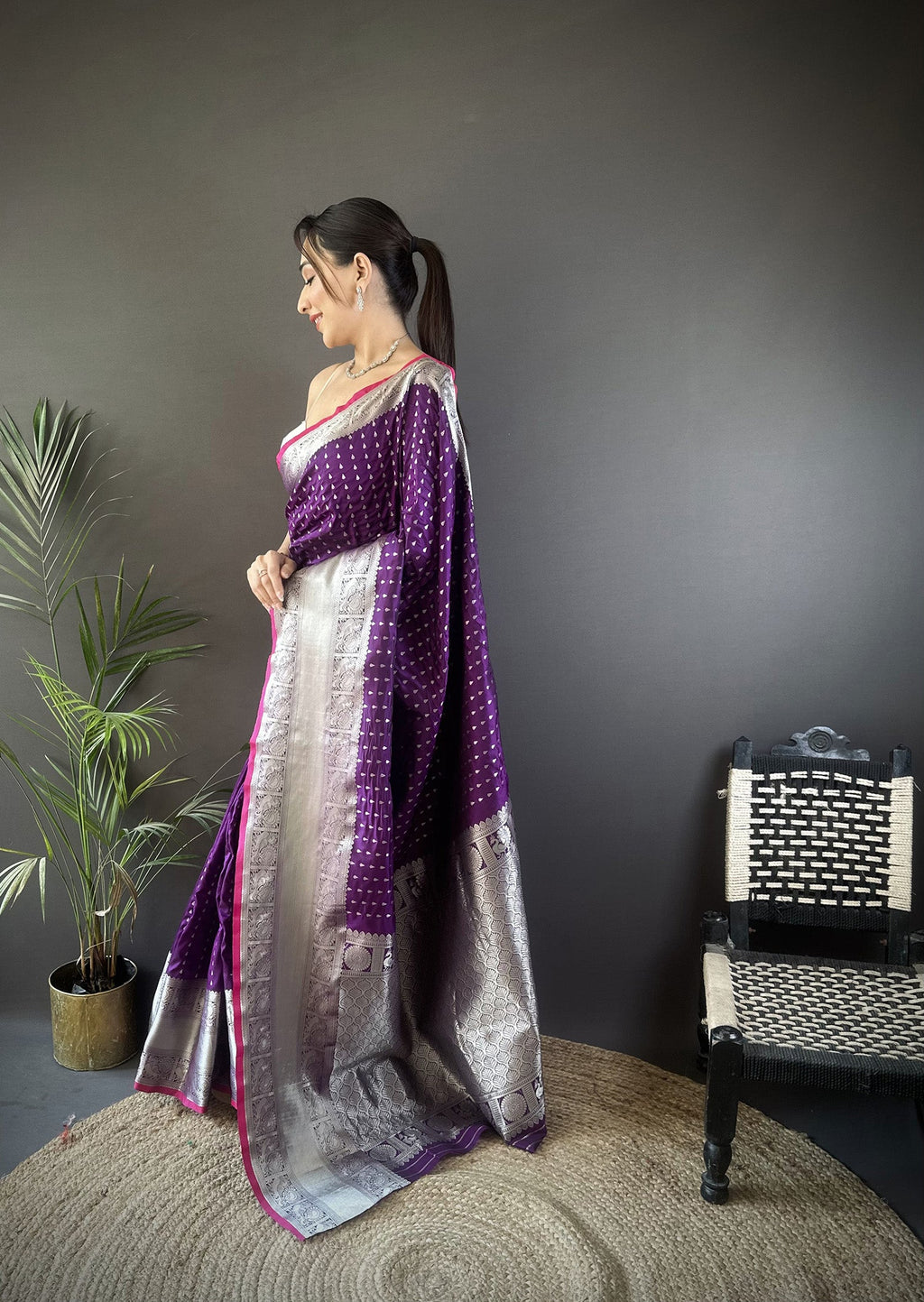 Elora Purple Soft Silk Small Butti Zari Weaving Border Banarasi Saree | Grocsy