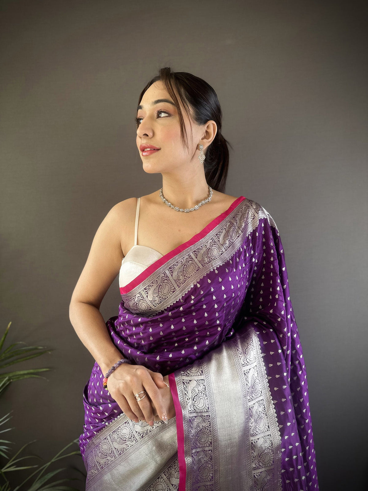 Elora Purple Soft Silk Small Butti Zari Weaving Border Banarasi Saree | Grocsy