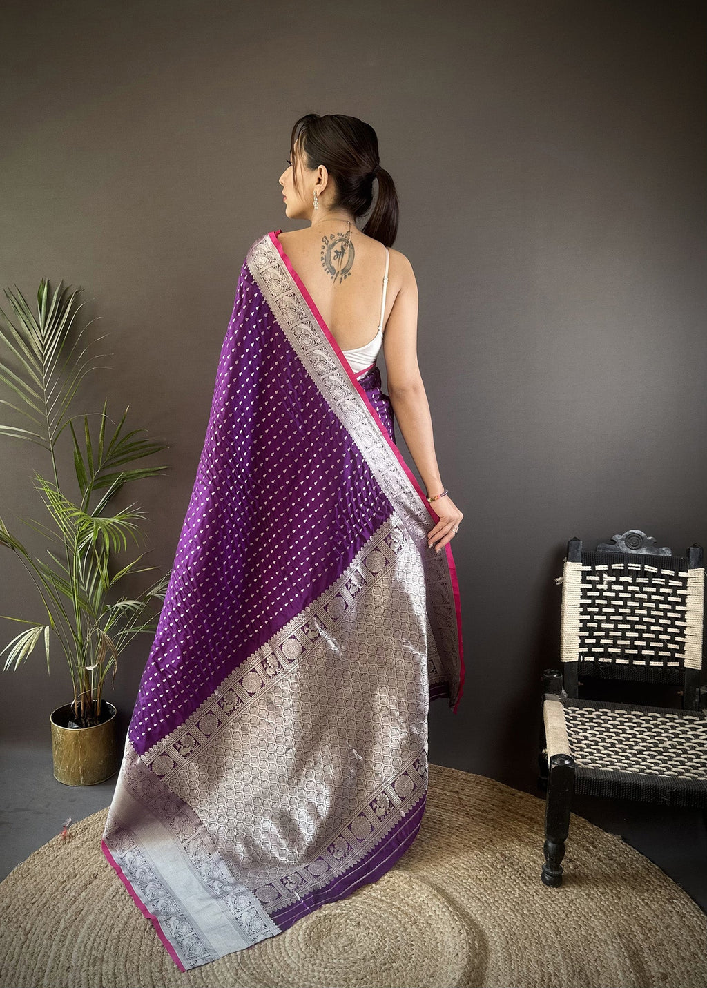 Elora Purple Soft Silk Small Butti Zari Weaving Border Banarasi Saree | Grocsy