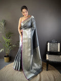 Elora Grey Soft Silk Small Butti Zari Weaving Border Banarasi Saree | Grocsy