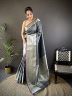 Elora Grey Soft Silk Small Butti Zari Weaving Border Banarasi Saree | Grocsy