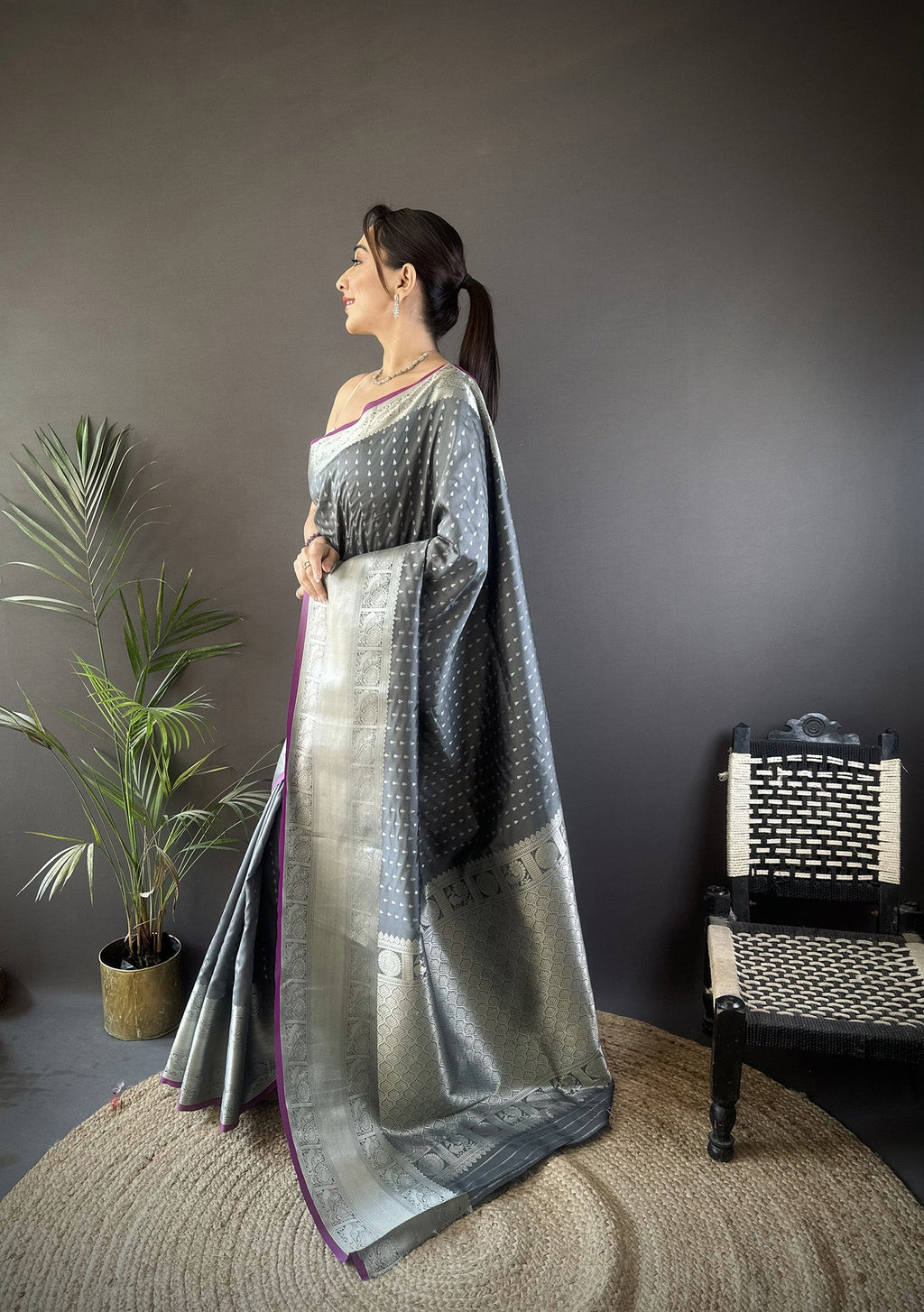 Elora Grey Soft Silk Small Butti Zari Weaving Border Banarasi Saree | Grocsy