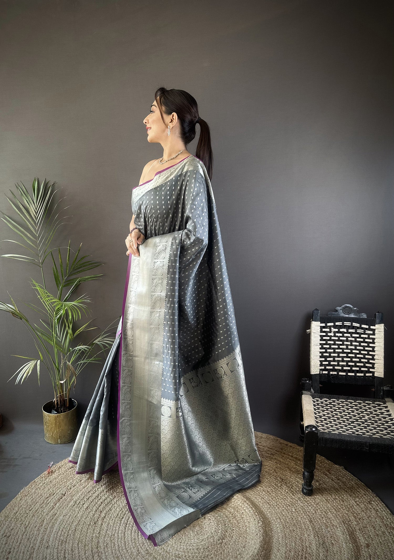 Elora Grey Soft Silk Small Butti Zari Weaving Border Banarasi Saree | Grocsy