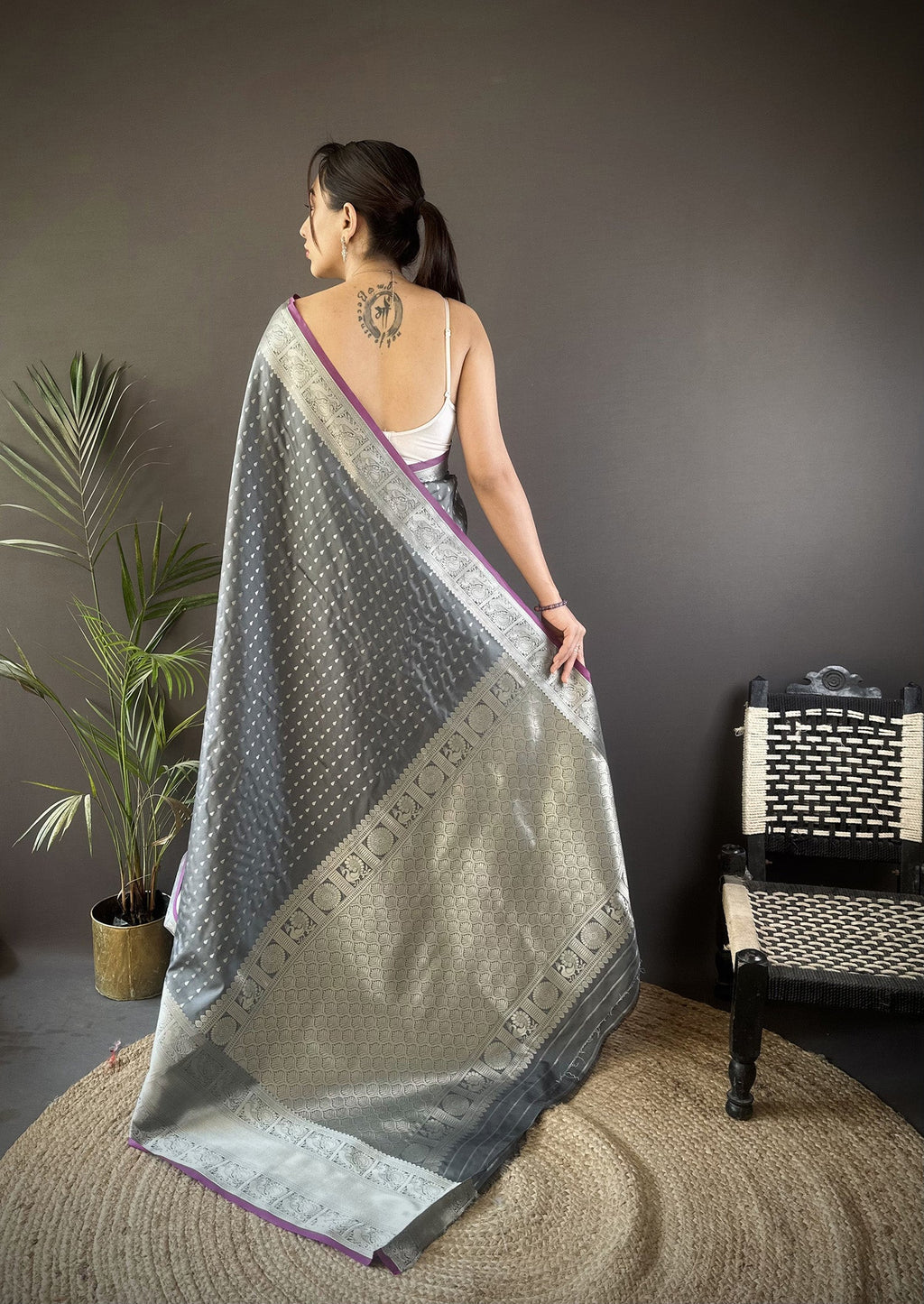 Elora Grey Soft Silk Small Butti Zari Weaving Border Banarasi Saree | Grocsy