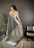 Elora Grey Soft Silk Small Butti Zari Weaving Border Banarasi Saree | Grocsy