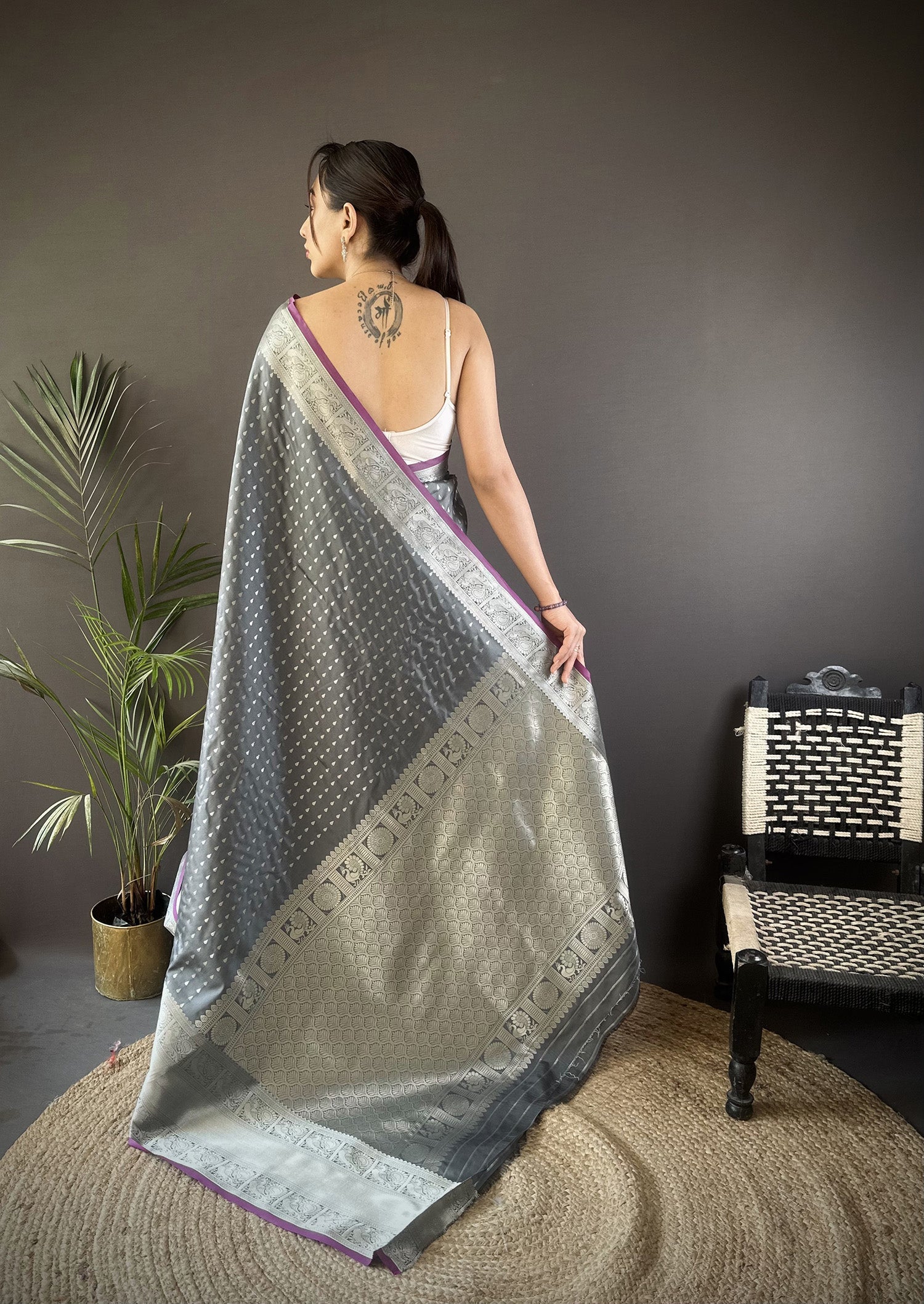 Elora Grey Soft Silk Small Butti Zari Weaving Border Banarasi Saree | Grocsy