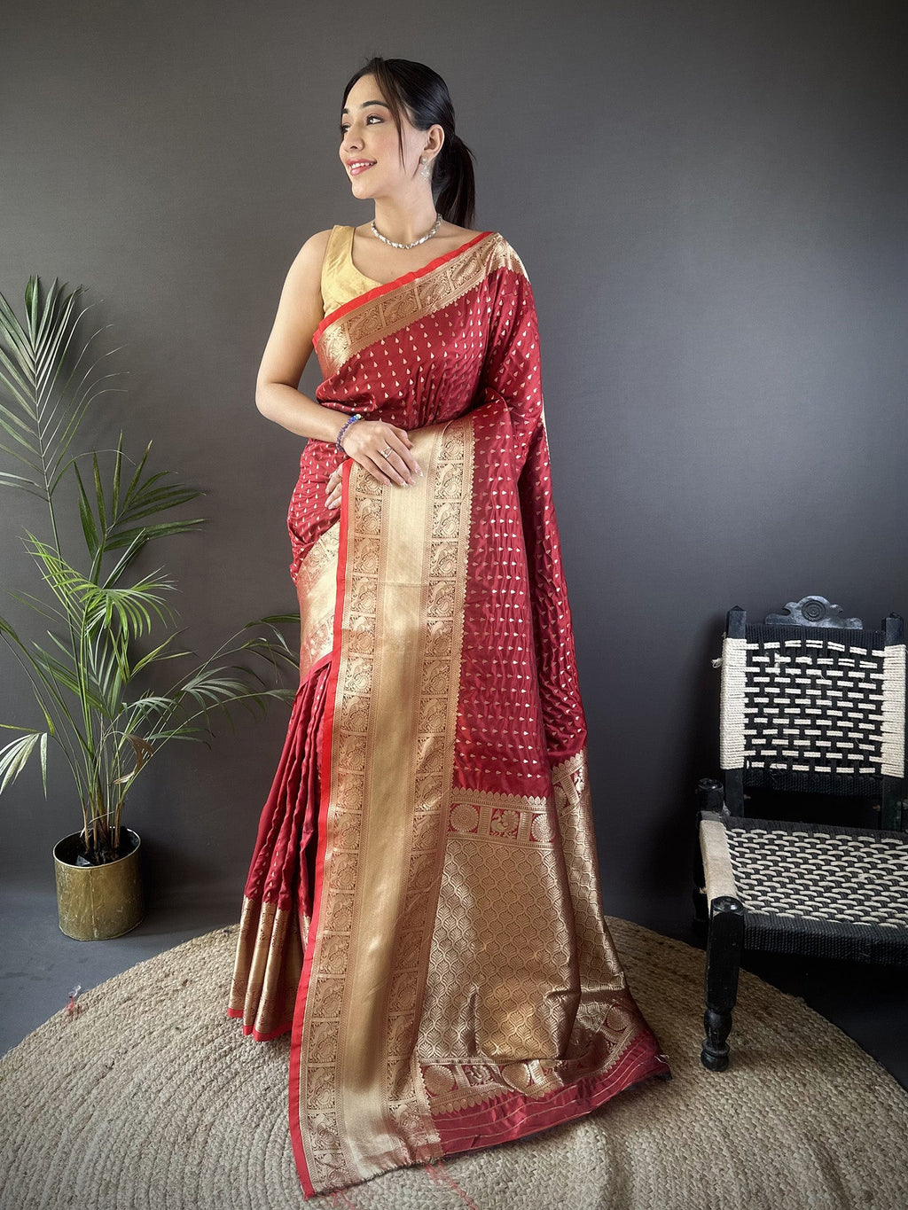 Elora Brick Red Soft Silk Small Butti Zari Weaving Border Banarasi Saree | Grocsy