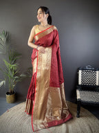 Elora Brick Red Soft Silk Small Butti Zari Weaving Border Banarasi Saree | Grocsy