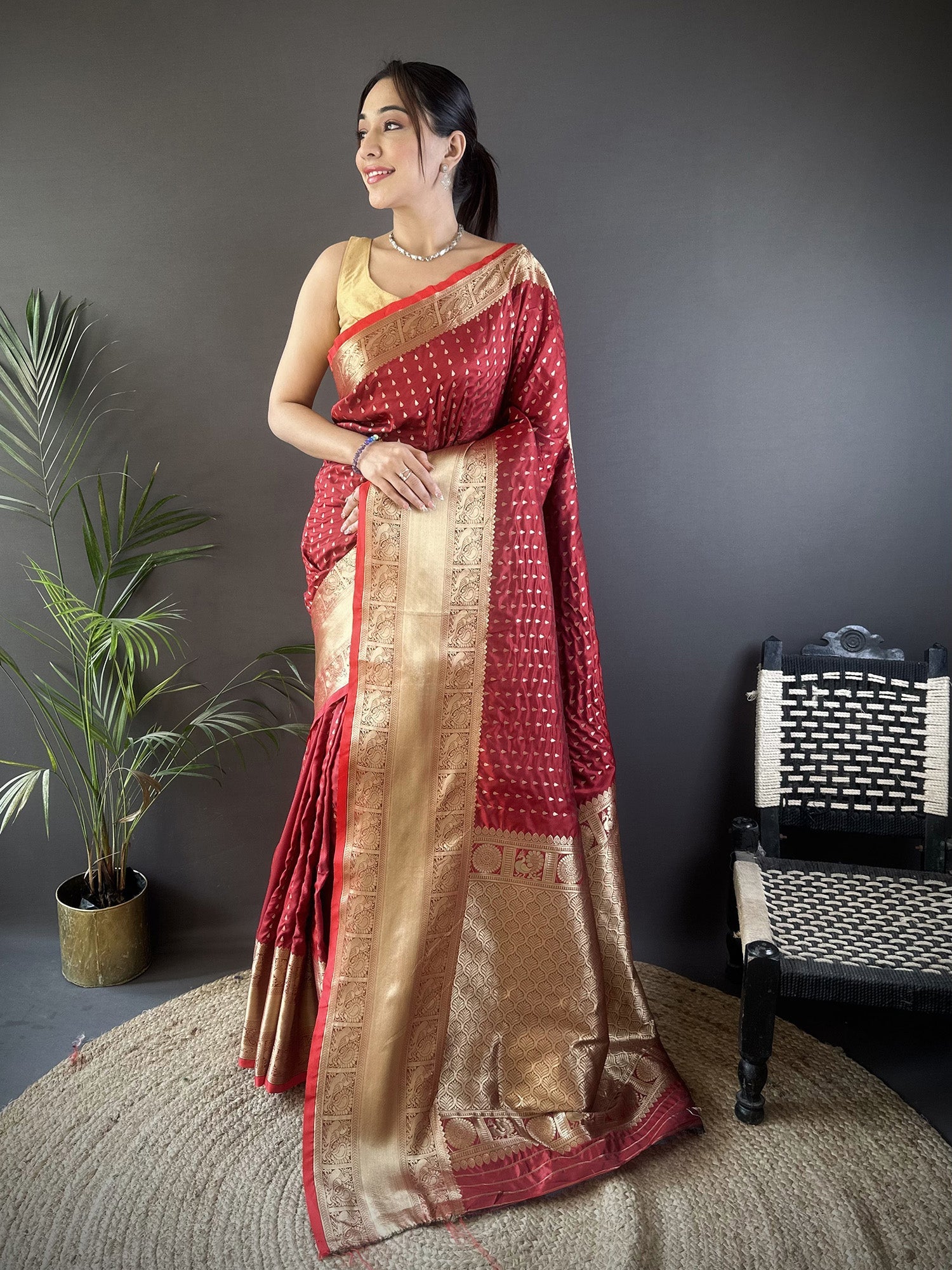 Elora Brick Red Soft Silk Small Butti Zari Weaving Border Banarasi Saree | Grocsy