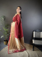 Elora Brick Red Soft Silk Small Butti Zari Weaving Border Banarasi Saree | Grocsy