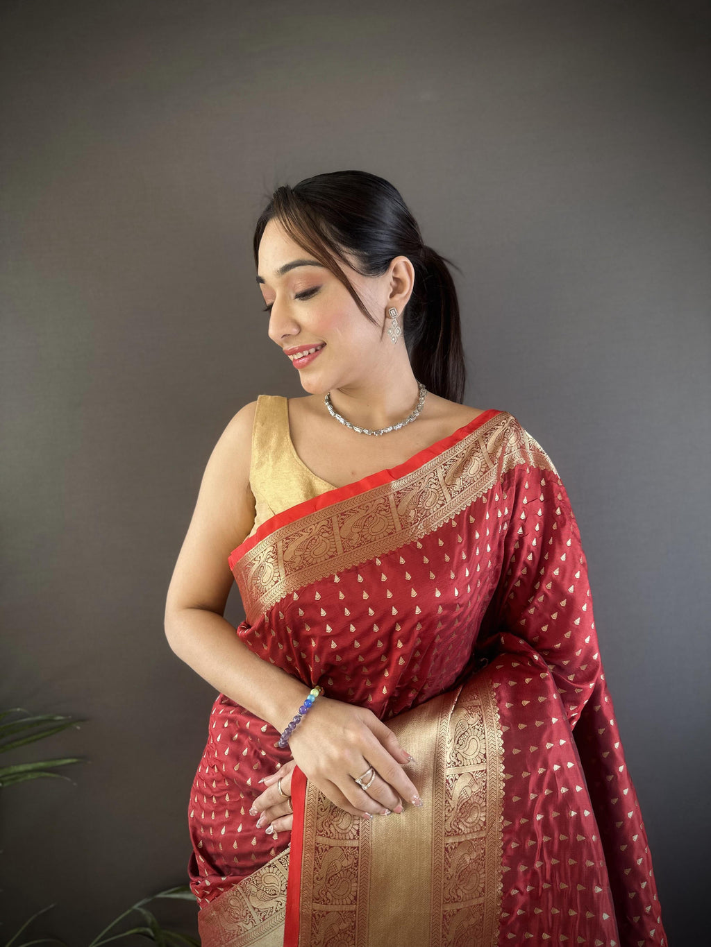 Elora Brick Red Soft Silk Small Butti Zari Weaving Border Banarasi Saree | Grocsy