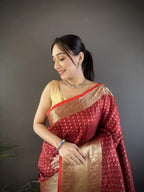Elora Brick Red Soft Silk Small Butti Zari Weaving Border Banarasi Saree | Grocsy