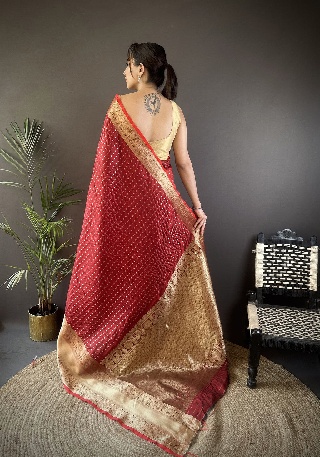 Elora Brick Red Soft Silk Small Butti Zari Weaving Border Banarasi Saree | Grocsy