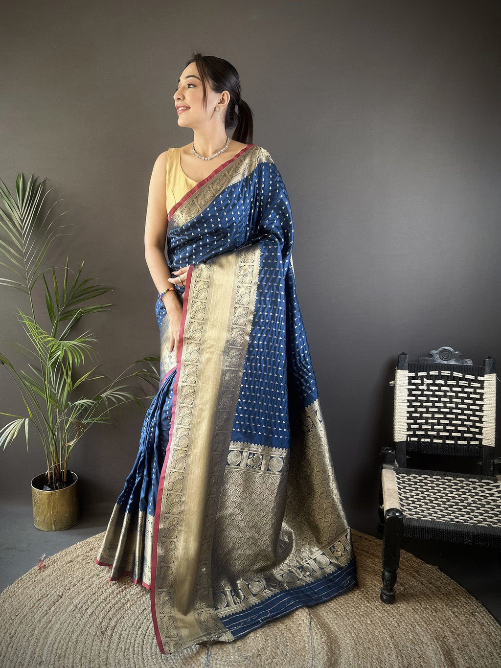 Elora Navy Blue Soft Silk Small Butti Zari Weaving Border Banarasi Saree | Grocsy
