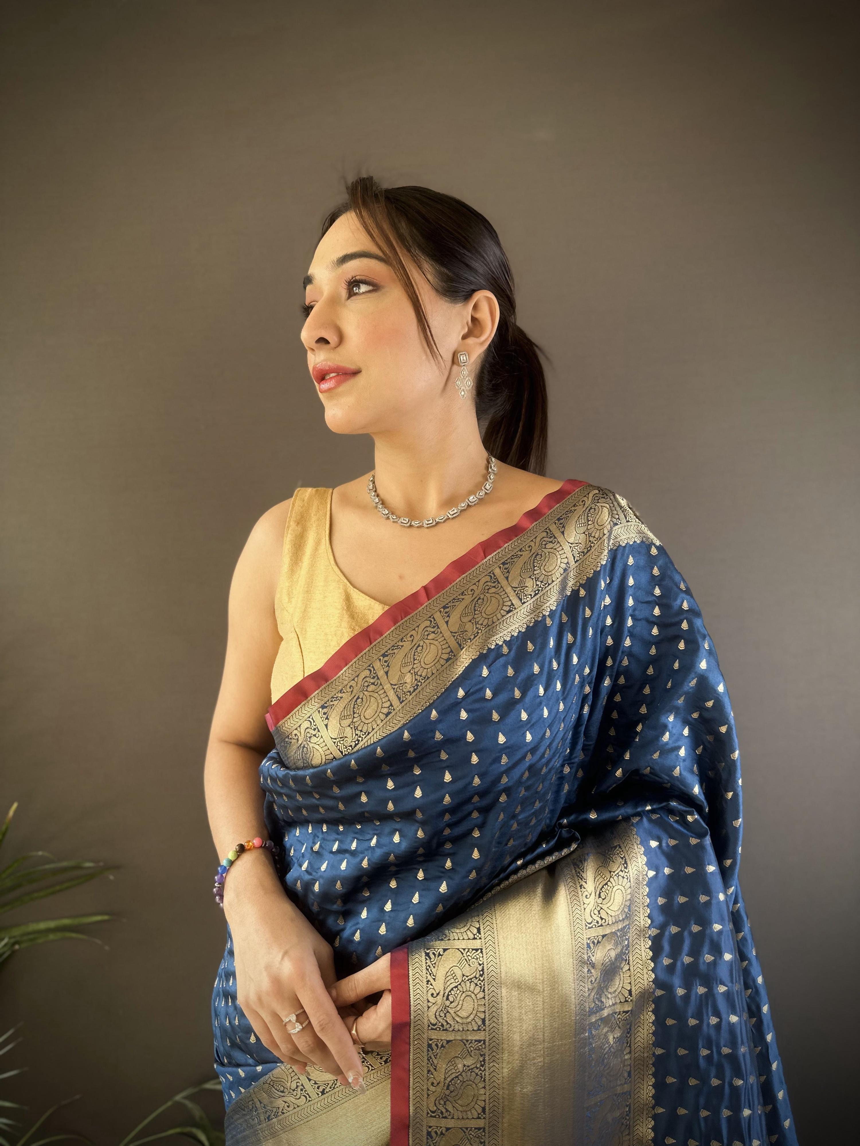 Elora Navy Blue Soft Silk Small Butti Zari Weaving Border Banarasi Saree | Grocsy