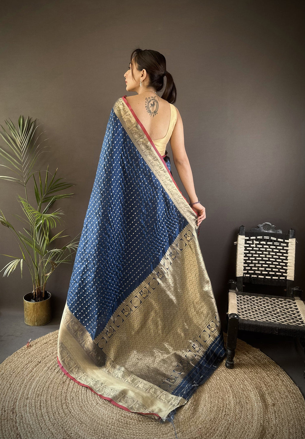Elora Navy Blue Soft Silk Small Butti Zari Weaving Border Banarasi Saree | Grocsy