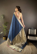 Elora Navy Blue Soft Silk Small Butti Zari Weaving Border Banarasi Saree | Grocsy
