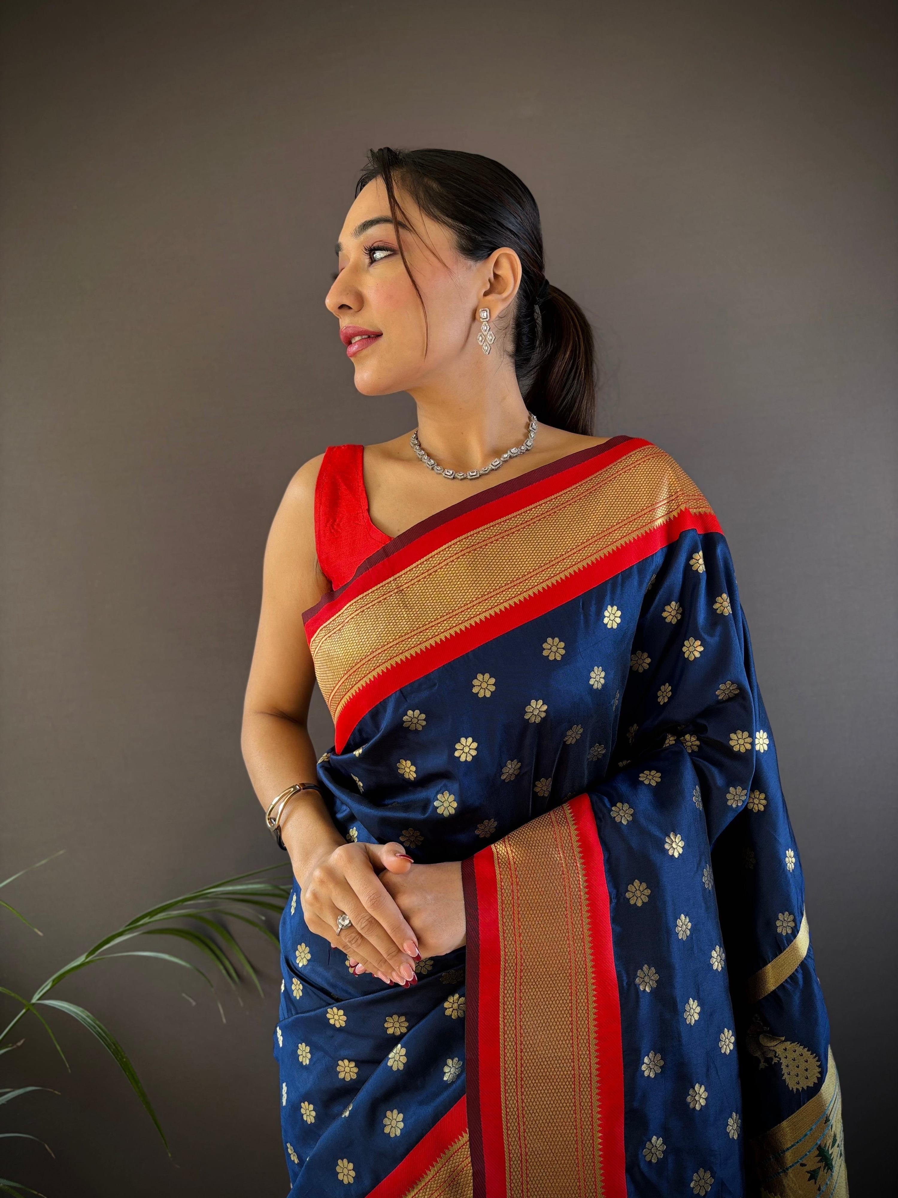 Elora Navy Blue Soft Silk Butti Zari Weaving Kanchipuram Saree | Grocsy