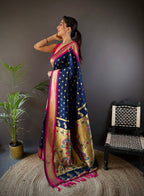 Elora Navy Blue Soft Silk Butti Zari Weaving Kanchipuram Saree | Grocsy