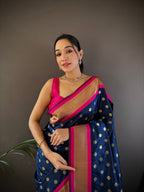 Elora Navy Blue Soft Silk Butti Zari Weaving Kanchipuram Saree | Grocsy