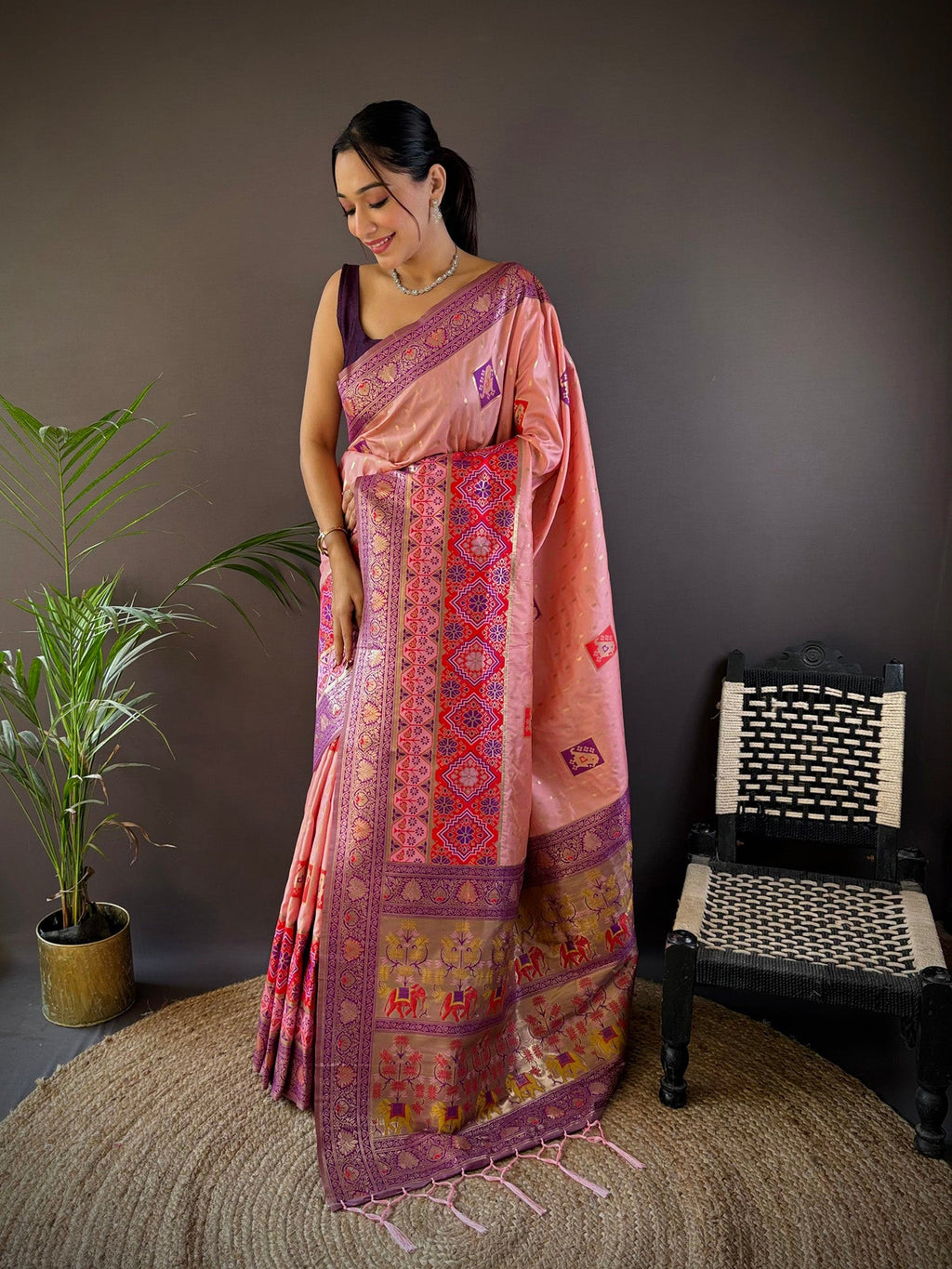 Elora Light Pink Soft Silk Small Butti Zari Weaving Contrast Weaving Border Banarasi Saree | Grocsy