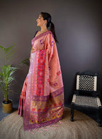 Elora Light Pink Soft Silk Small Butti Zari Weaving Contrast Weaving Border Banarasi Saree | Grocsy