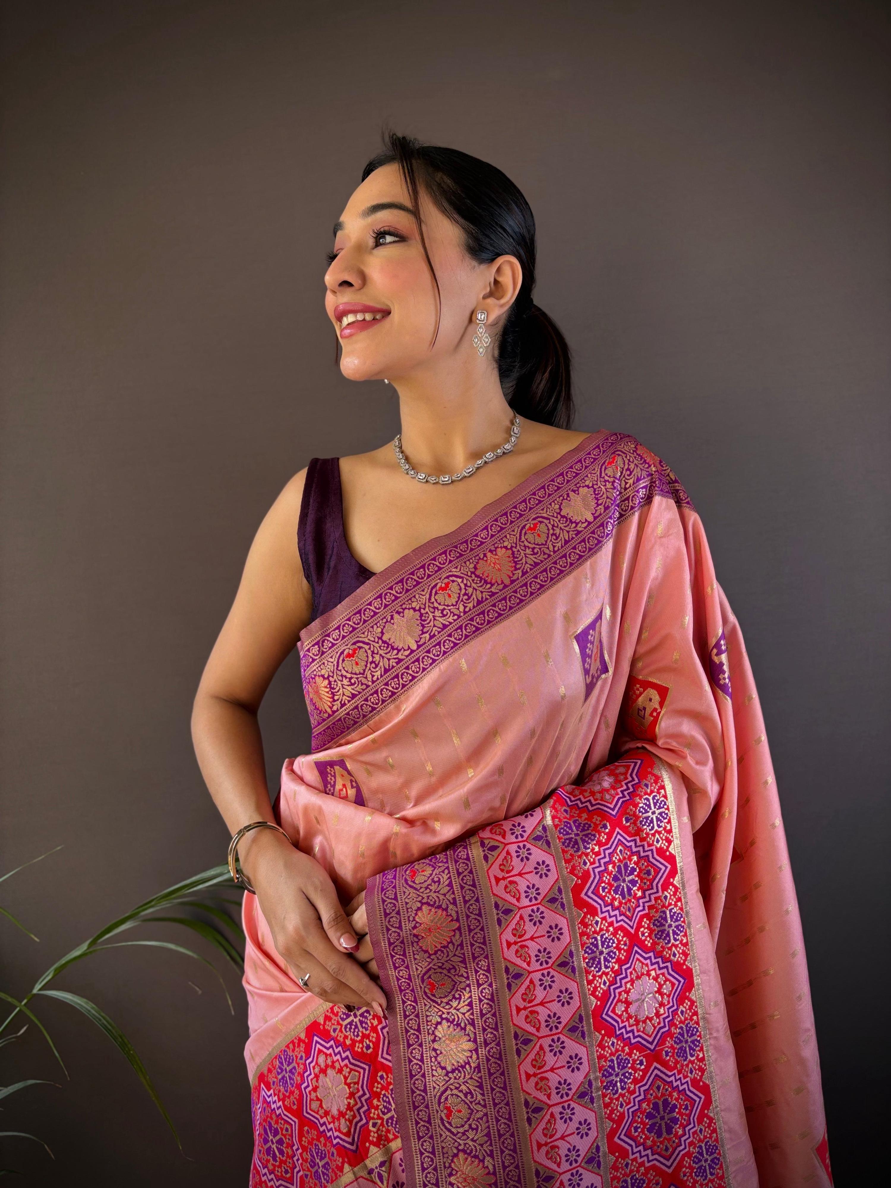 Elora Light Pink Soft Silk Small Butti Zari Weaving Contrast Weaving Border Banarasi Saree | Grocsy