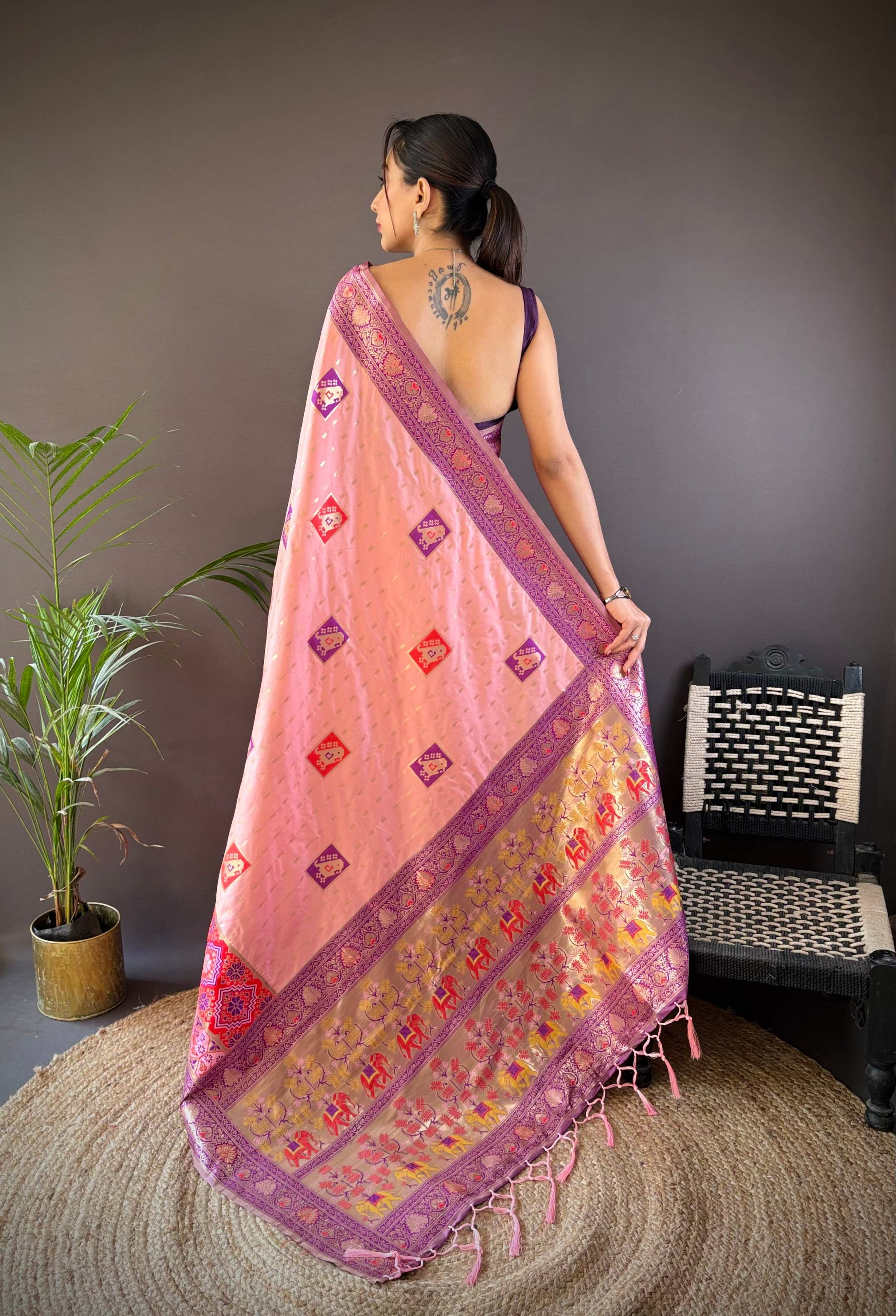 Elora Light Pink Soft Silk Small Butti Zari Weaving Contrast Weaving Border Banarasi Saree | Grocsy