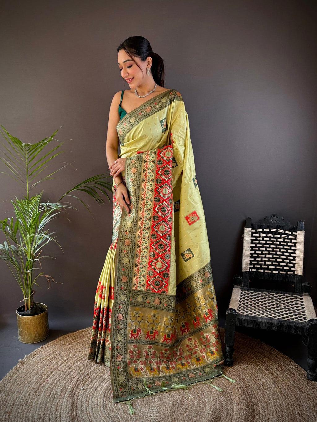 Elora Light Green Soft Silk Small Butti Zari Weaving Contrast Weaving Border Banarasi Saree | Grocsy