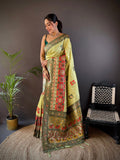 Elora Light Green Soft Silk Small Butti Zari Weaving Contrast Weaving Border Banarasi Saree | Grocsy