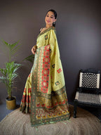 Elora Light Green Soft Silk Small Butti Zari Weaving Contrast Weaving Border Banarasi Saree | Grocsy