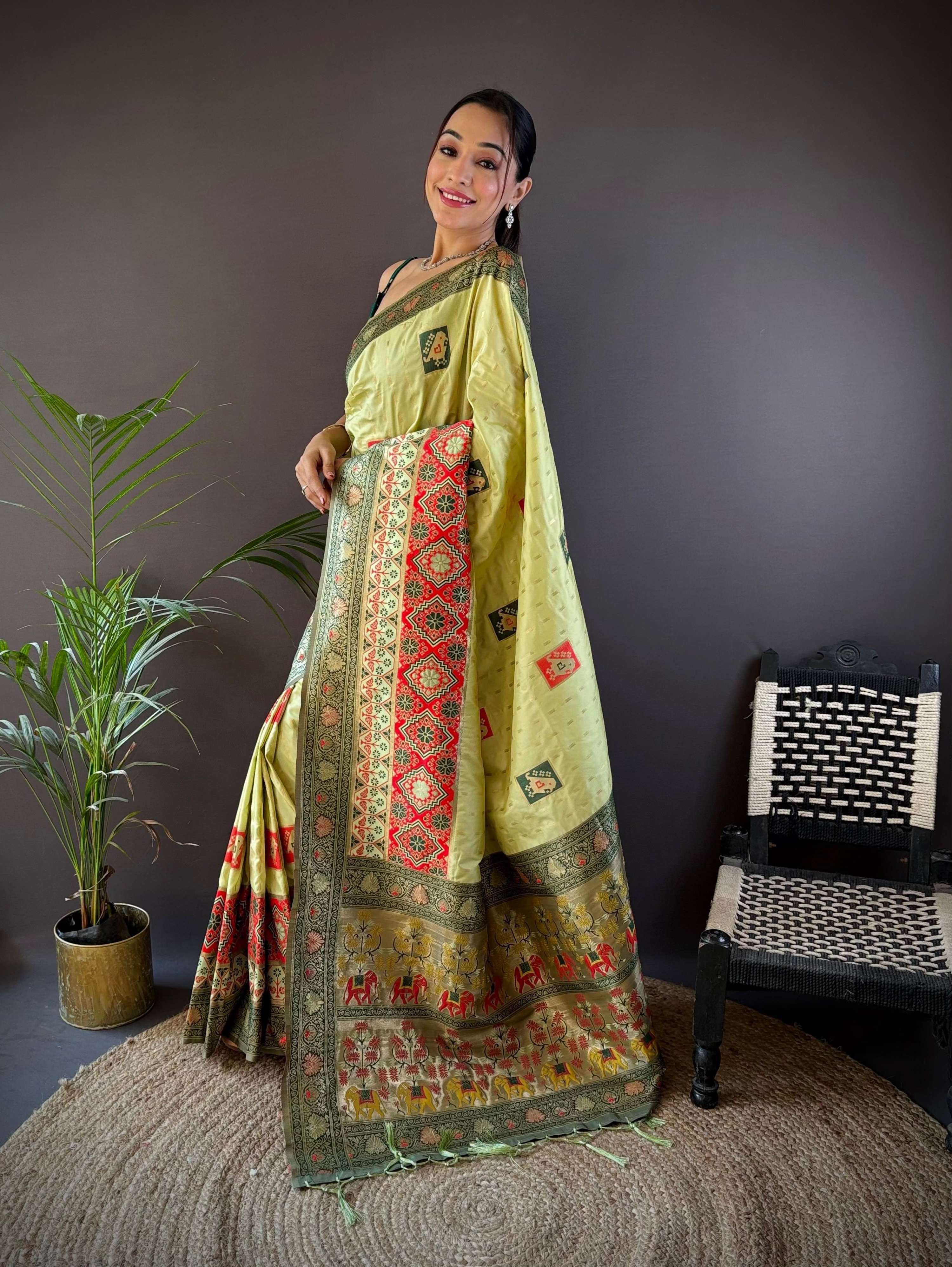 Elora Light Green Soft Silk Small Butti Zari Weaving Contrast Weaving Border Banarasi Saree | Grocsy
