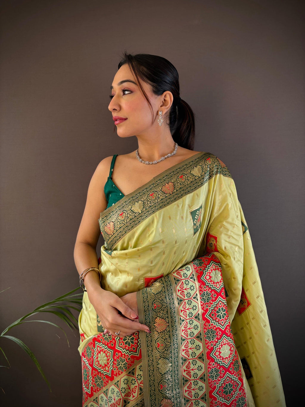 Elora Light Green Soft Silk Small Butti Zari Weaving Contrast Weaving Border Banarasi Saree | Grocsy