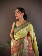 Elora Light Green Soft Silk Small Butti Zari Weaving Contrast Weaving Border Banarasi Saree | Grocsy