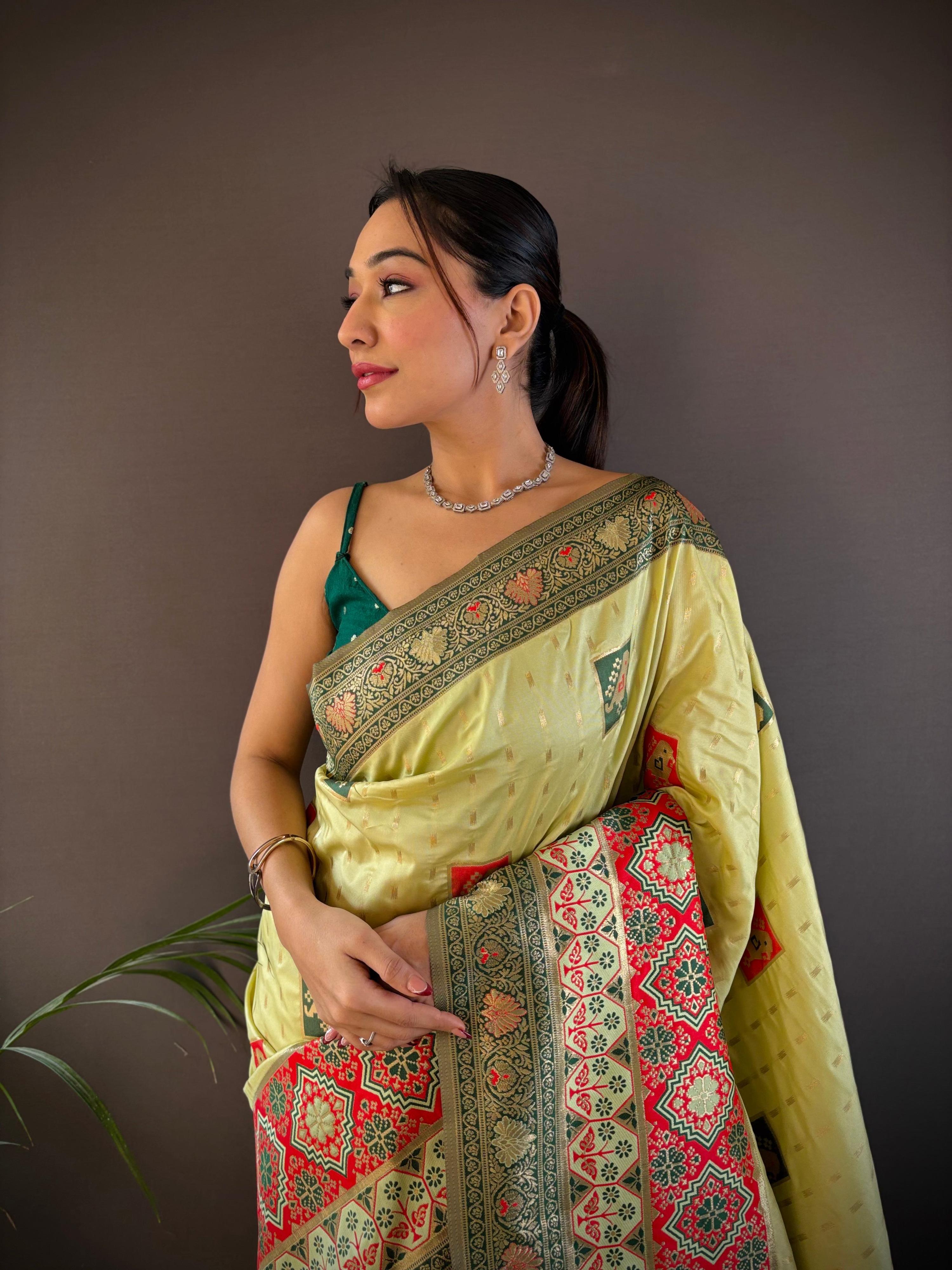 Elora Light Green Soft Silk Small Butti Zari Weaving Contrast Weaving Border Banarasi Saree | Grocsy