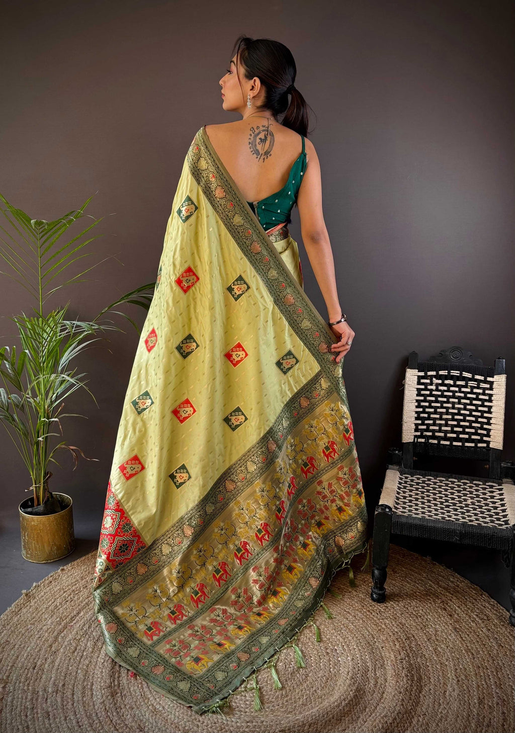 Elora Light Green Soft Silk Small Butti Zari Weaving Contrast Weaving Border Banarasi Saree | Grocsy