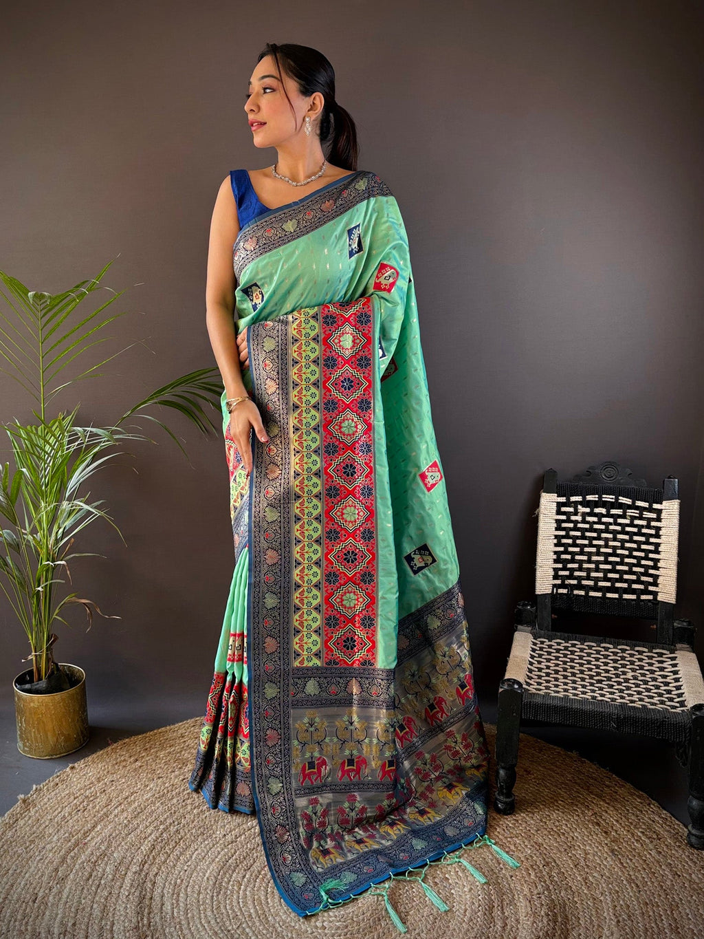 Elora Turquoise Soft Silk Small Butti Zari Weaving Contrast Weaving Border Banarasi Saree | Grocsy
