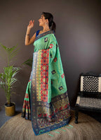 Elora Turquoise Soft Silk Small Butti Zari Weaving Contrast Weaving Border Banarasi Saree | Grocsy
