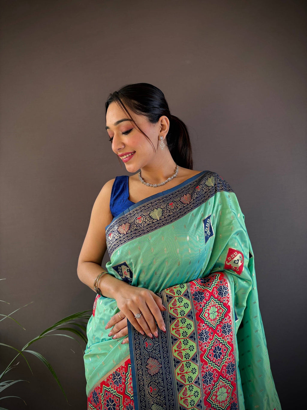 Elora Turquoise Soft Silk Small Butti Zari Weaving Contrast Weaving Border Banarasi Saree | Grocsy